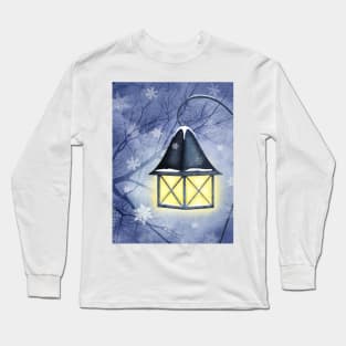 Magic vintage streetlight watercolor illustration. Snow night. Snowflakes, tree branches. Winter park scenery Long Sleeve T-Shirt